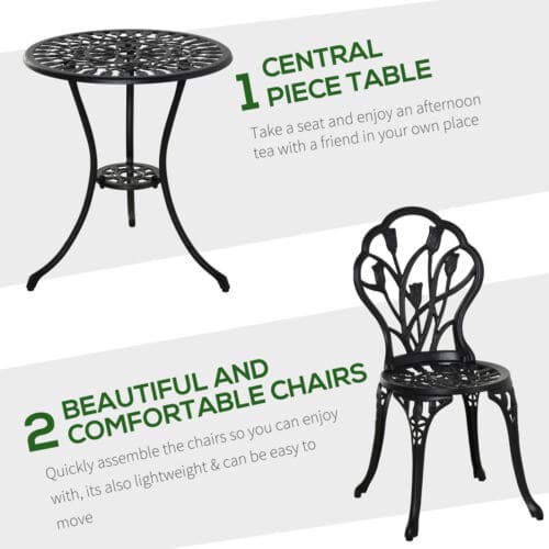 Image of an Outsunny Aluminium Three Piece Patio Bistro Set, Black