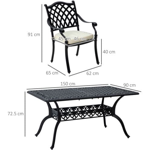 Image of an Outsunny Cast Aluminium Vintage Style 6 Seat Patio Dining Set, Black