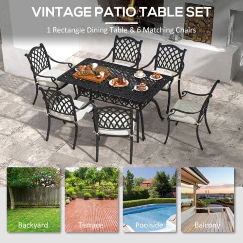 Image of an Outsunny Cast Aluminium Vintage Style 6 Seat Patio Dining Set, Black