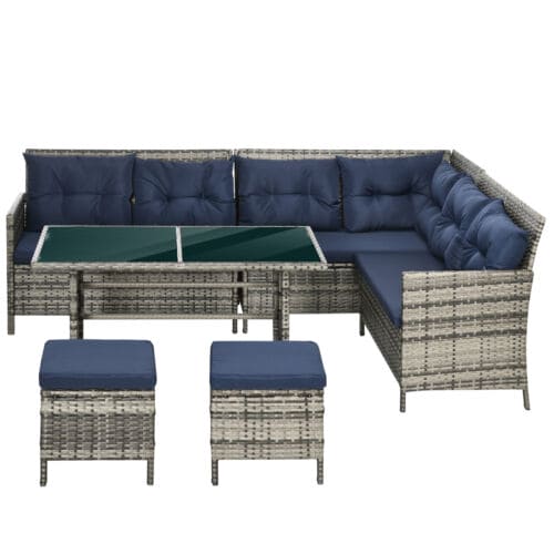 Image of an Outsunny 8 Seater Mixed Grey Rattan Garden Corner Sofa With Dark Blue Cushions