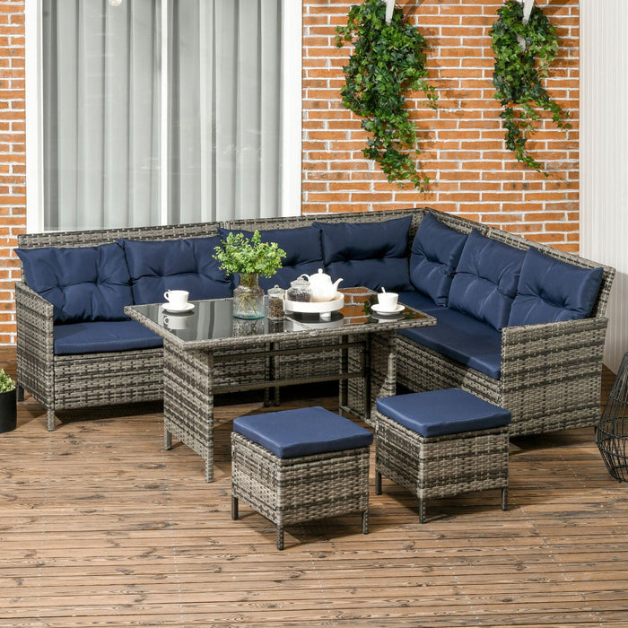 Image of an Outsunny 8 Seater Mixed Grey Rattan Garden Corner Sofa With Dark Blue Cushions