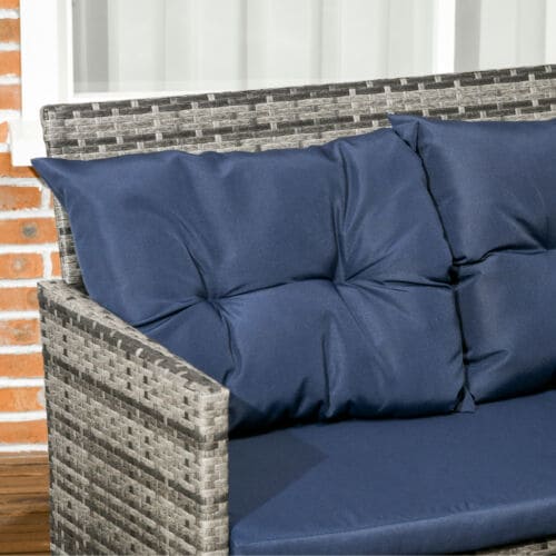 Image of an Outsunny 8 Seater Mixed Grey Rattan Garden Corner Sofa With Dark Blue Cushions