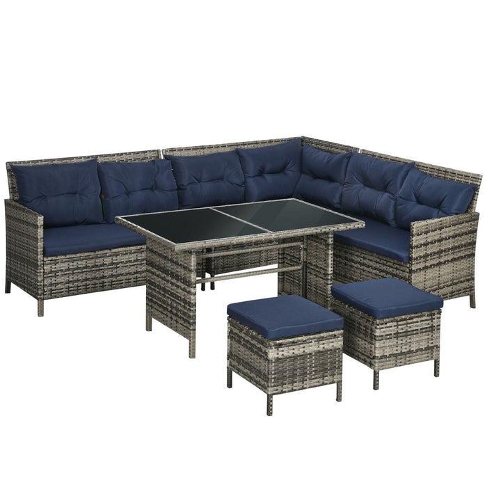 Image of an Outsunny 8 Seater Mixed Grey Rattan Garden Corner Sofa With Dark Blue Cushions