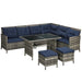 Image of an Outsunny 8 Seater Mixed Grey Rattan Garden Corner Sofa With Dark Blue Cushions