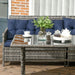 Image of an Outsunny 8 Seater Mixed Grey Rattan Garden Corner Sofa With Dark Blue Cushions