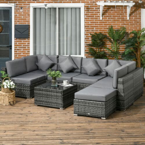 Image of an Outsunny Grey Rattan Corner Sofa Set With Chaise, Coffee Table