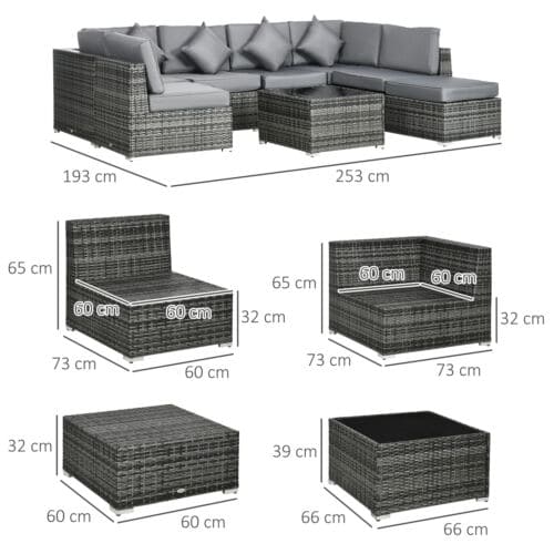 Image of an Outsunny Grey Rattan Corner Sofa Set With Chaise, Coffee Table