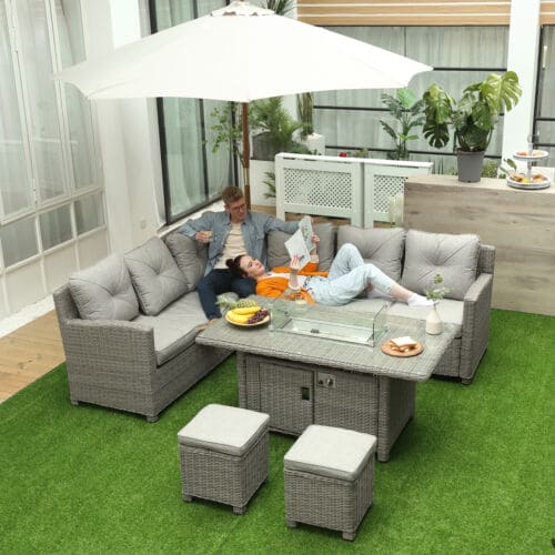 Image of an Outsunny Rattan Garden Corner Sofa Patio Furniture Set With Fire Pit In Table