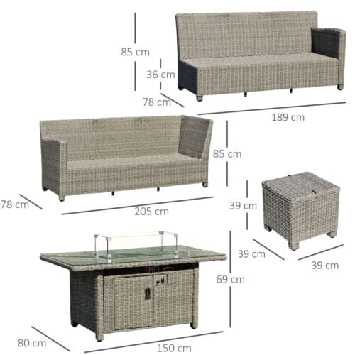 Image of an Outsunny Rattan Garden Corner Sofa Patio Furniture Set With Fire Pit In Table