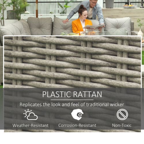 Image of an Outsunny Rattan Garden Corner Sofa Patio Furniture Set With Fire Pit In Table