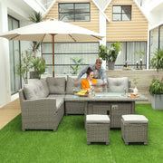 Image of an Outsunny Rattan Garden Corner Sofa Patio Furniture Set With Fire Pit In Table