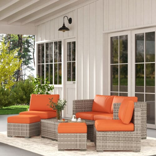Image of an Outsunny Grey Rattan Garden Sofa Set With Orange Cushions