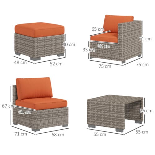 Image of an Outsunny Grey Rattan Garden Sofa Set With Orange Cushions