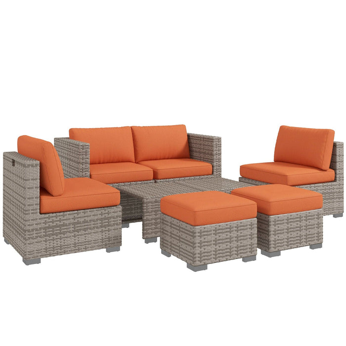 Image of an Outsunny Grey Rattan Garden Sofa Set With Orange Cushions