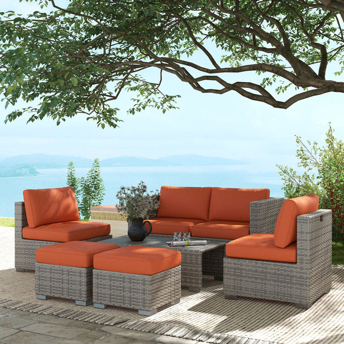 Image of an Outsunny Grey Rattan Garden Sofa Set With Orange Cushions