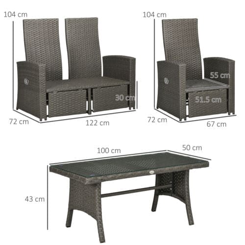 Image of an Outsunny Rattan Reclining Chairs Garden Furniture Set, Dark Grey