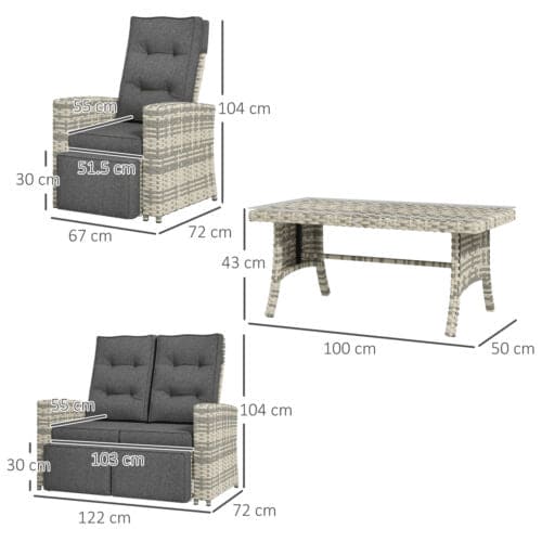 Image of an Outsunny Rattan Reclining Chairs Garden Furniture Set, Light Grey