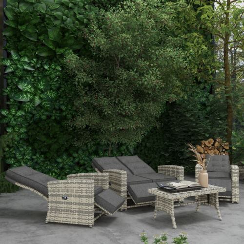 Rattan Reclining Chairs Garden Furniture Set, Light Grey