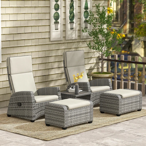 Outsunny Grey Rattan Garden Furniture Set with Reclining Chairs, Footstools,  And a Table