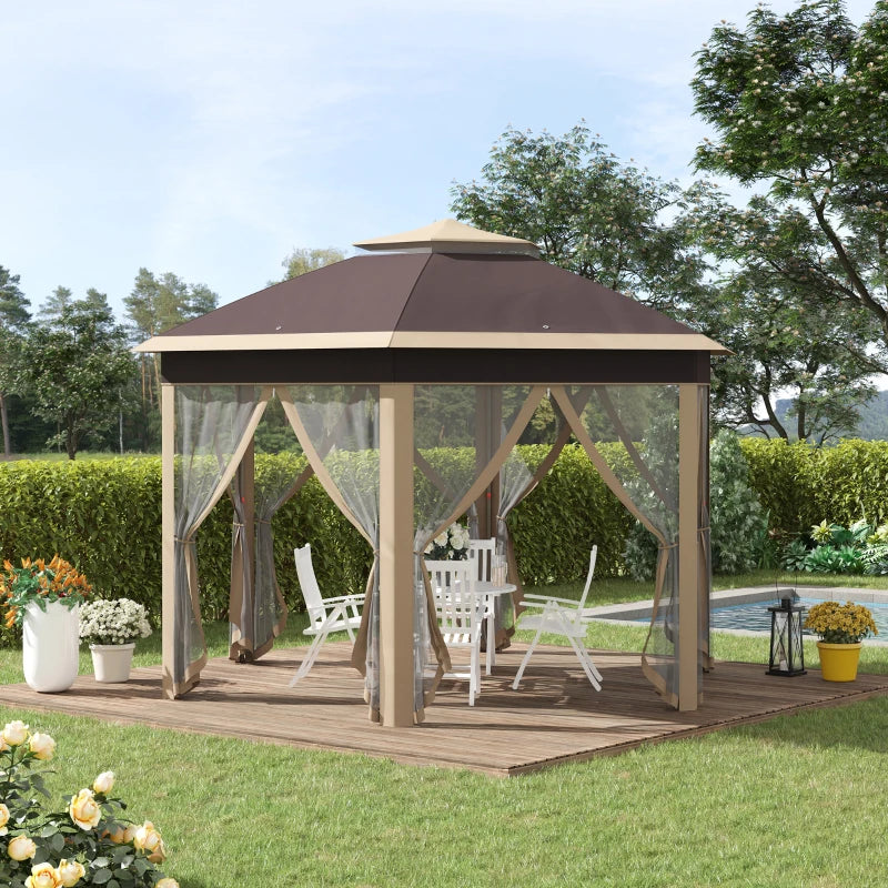 Image of an Outsunny Pop Up Hexagon Gazebo With Sides, 3x4m, Khaki