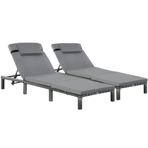 Image of a set of 2 grey rattan sun lounger with cushions and adjustable backrests