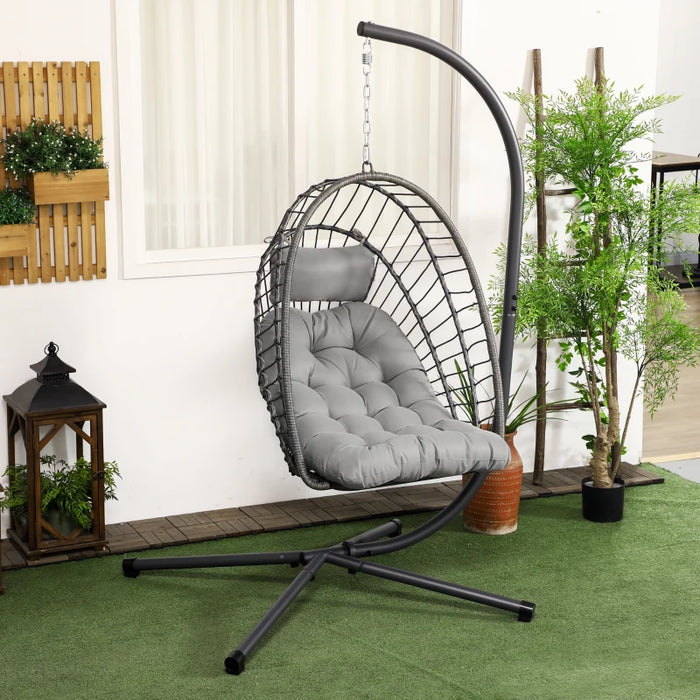 Image of a Rattan Swinging Egg Chair With Stand, Light Grey 