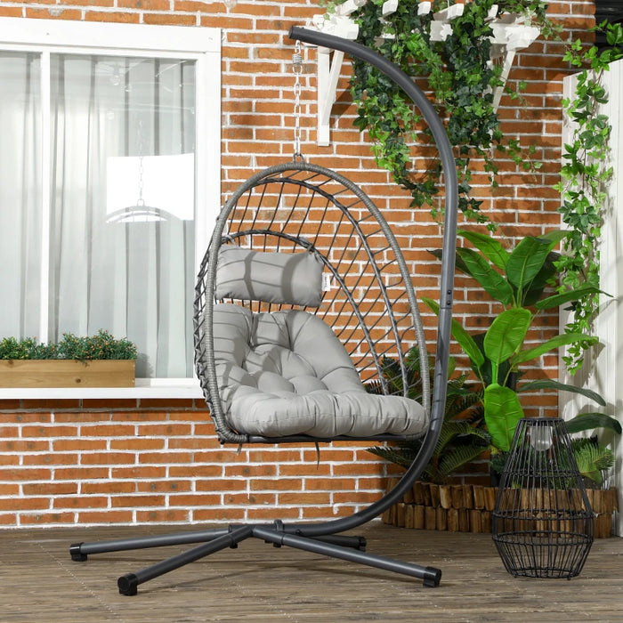 Image of a Rattan Swinging Egg Chair With Stand, Light Grey 