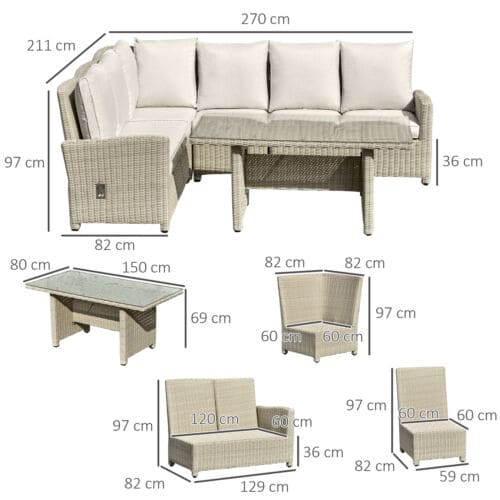 Image of an Outsunny Reclining 6 Seater Rattan Corner Sofa Set, Light Brown