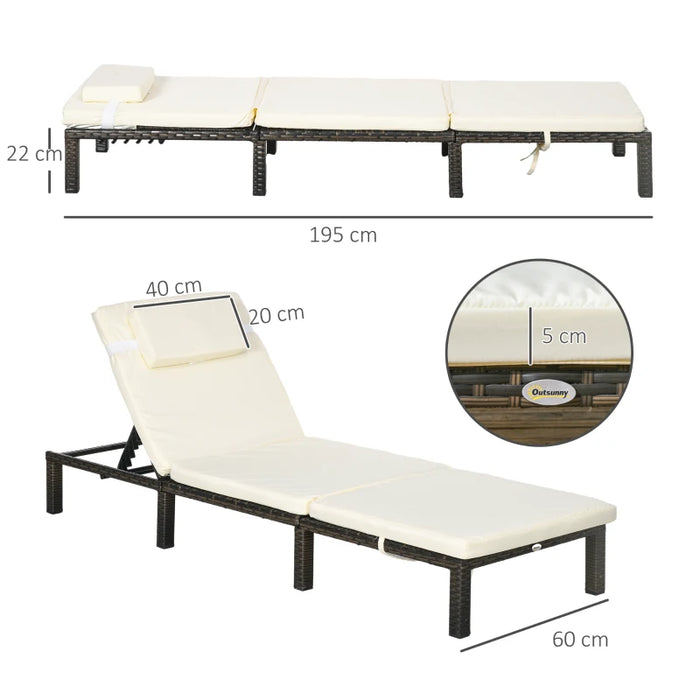 Image of a set of 2 brown rattan sun loungers with cream cushions and reclining backrests