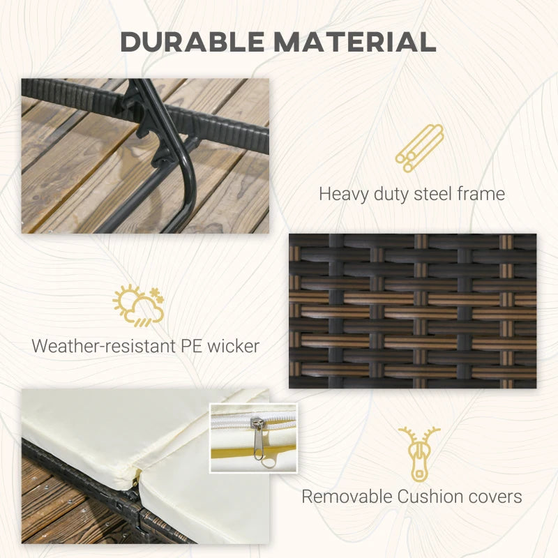 Image of a set of 2 brown rattan sun loungers with cream cushions and reclining backrests