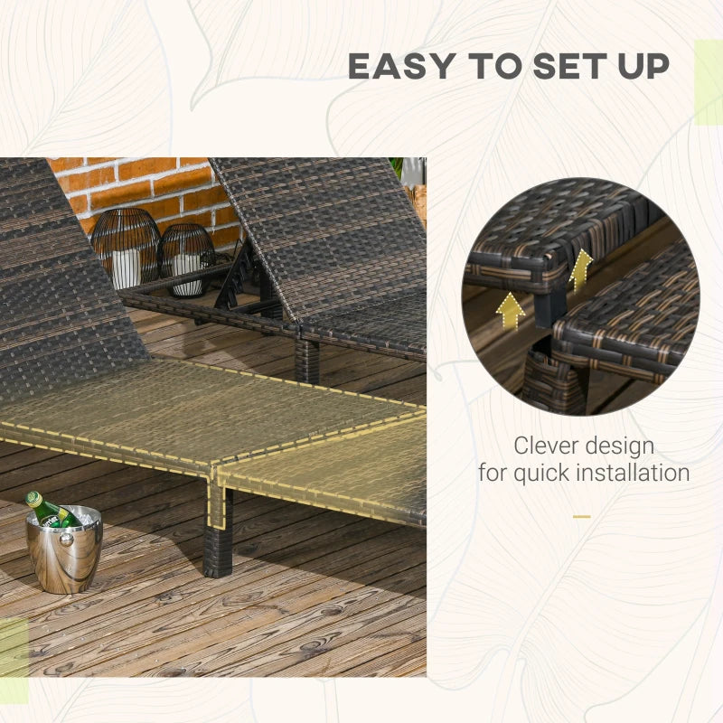 Image of a set of 2 brown rattan sun loungers with cream cushions and reclining backrests