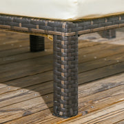 Image of a set of 2 brown rattan sun loungers with cream cushions and reclining backrests