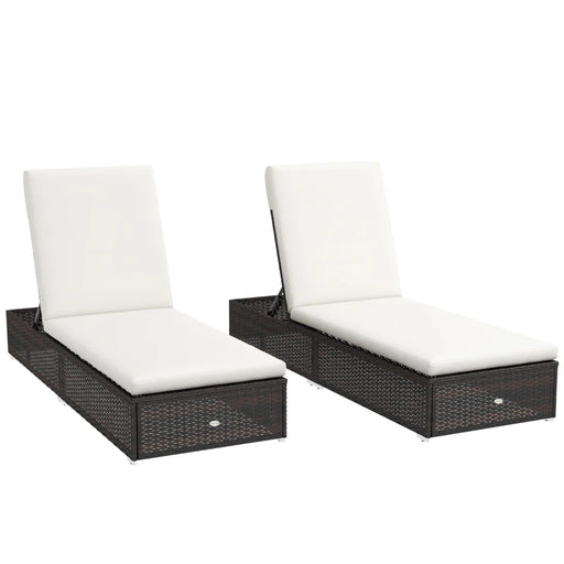 Image of a set of 2 reclining rattan sun loungers with cushions brown rattan with cream cushions