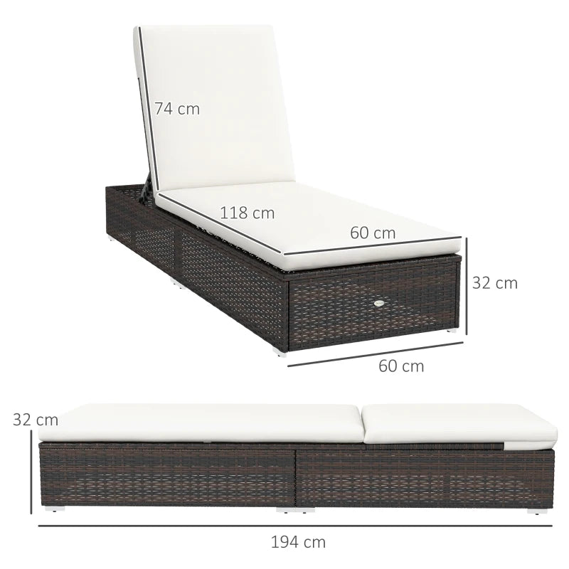 Image of a set of 2 reclining rattan sun loungers with cushions brown rattan with cream cushions