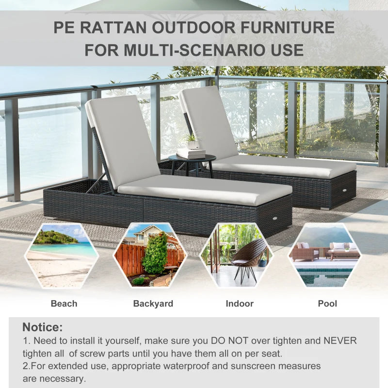 Image of a set of 2 reclining rattan sun loungers with cushions brown rattan with cream cushions