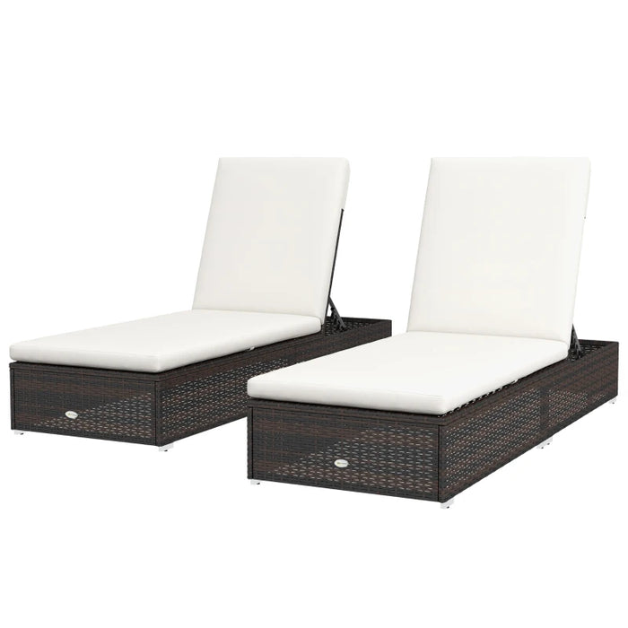 Image of a set of 2 reclining rattan sun loungers with cushions brown rattan with cream cushions