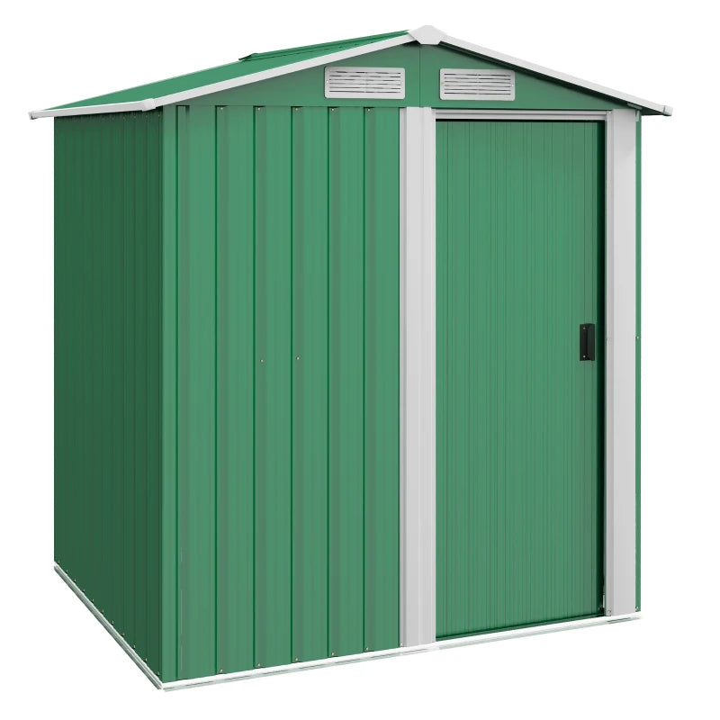 Image of a small green metal garden shed with an apex roof and single sliding door