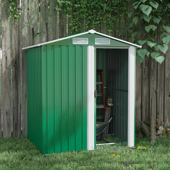 Image of a small green metal garden shed with an apex roof and single sliding door