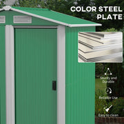 Image of a small green metal garden shed with an apex roof and single sliding door