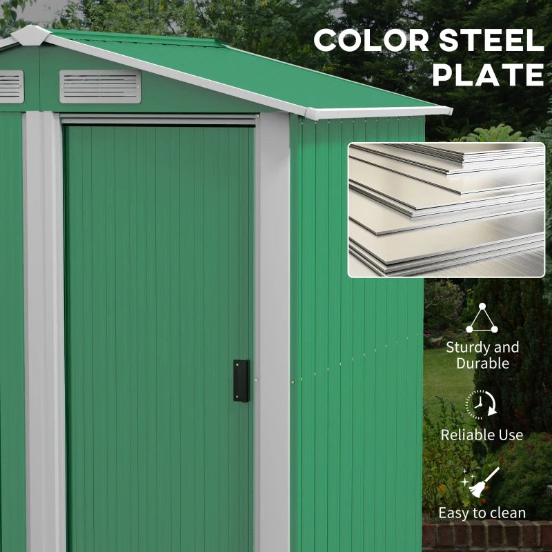 Image of a small green metal garden shed with an apex roof and single sliding door