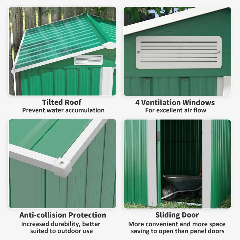 Image of a small green metal garden shed with an apex roof and single sliding door