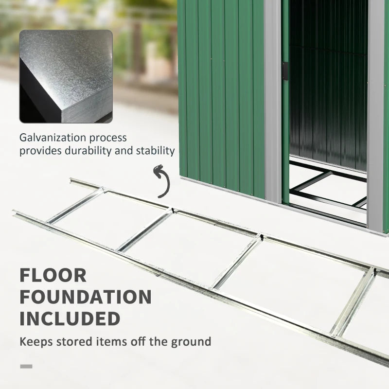 Image of a small green metal garden shed with an apex roof and single sliding door