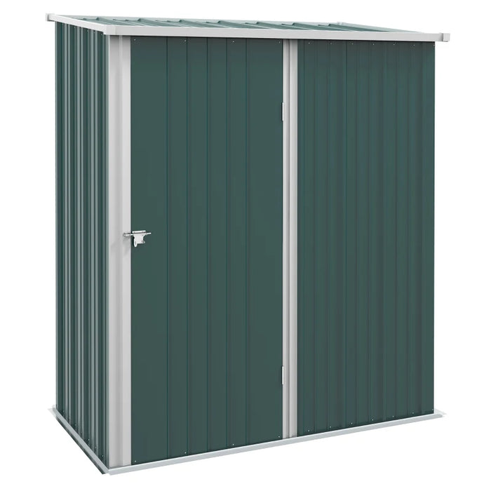 Image of a small green metal garden storage shed measuring 5 by 3 feet with a pent roof and single door to the front