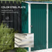 Image of a small green metal garden storage shed measuring 5 by 3 feet with a pent roof and single door to the front