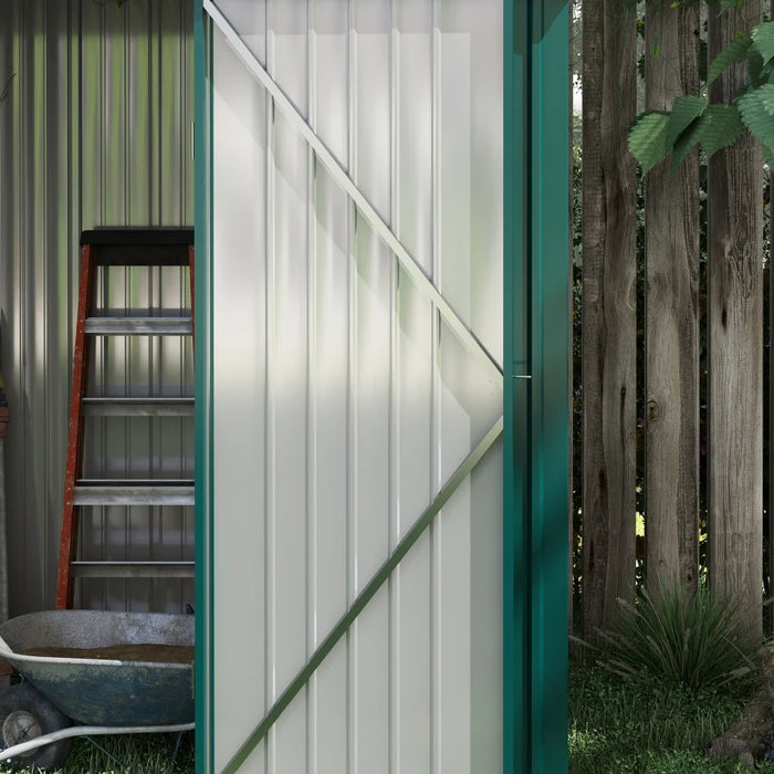 Image of a small green metal garden storage shed measuring 5 by 3 feet with a pent roof and single door to the front