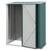 Image of a small green metal garden storage shed measuring 5 by 3 feet with a pent roof and single door to the front