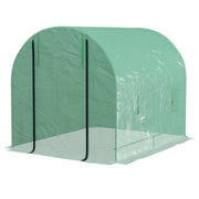 Image of a green small walk in greenhouse with windows and a roll up door