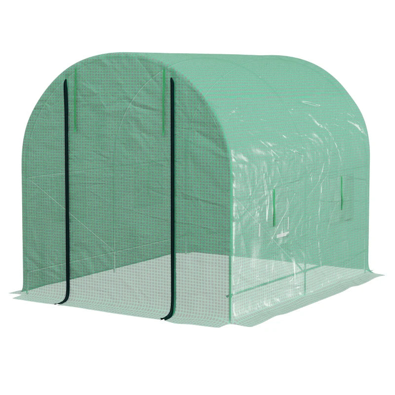 Image of a green small walk in greenhouse with windows and a roll up door