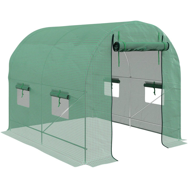 Image of a green small walk in greenhouse with windows and a roll up door