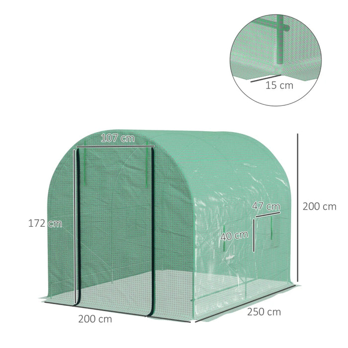 Image of a green small walk in greenhouse with windows and a roll up door